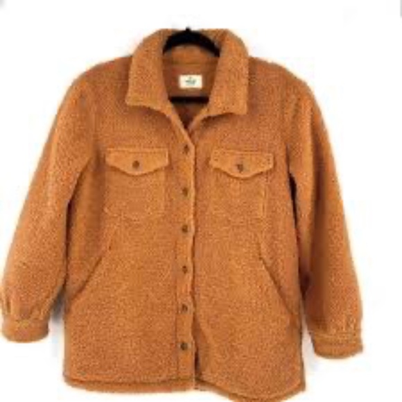 Marine Layer Eden Sherpa Overshirt Jacket Teddy Fleece Button-Up Cashew Brown M - Picture 16 of 16